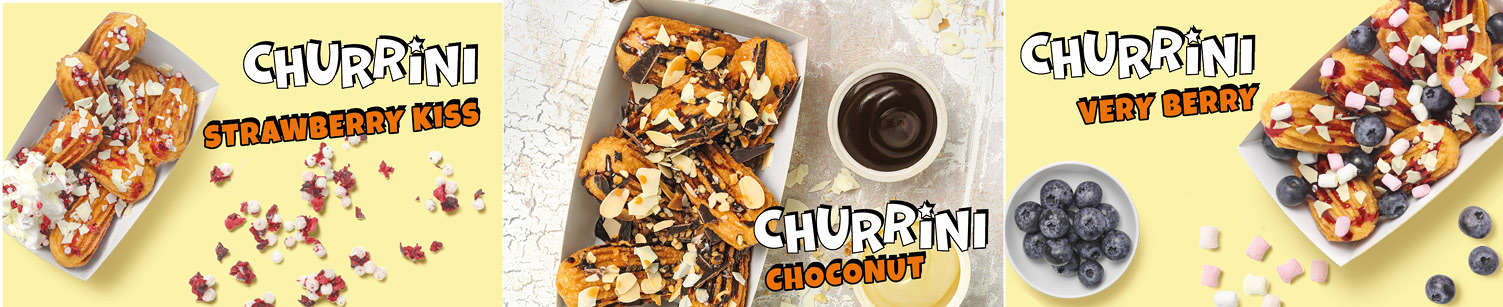 Individuell veredelte Churrini mit verschiedenen Saucen und Toppings: Strawberry Kiss, Choconut und Very Berry