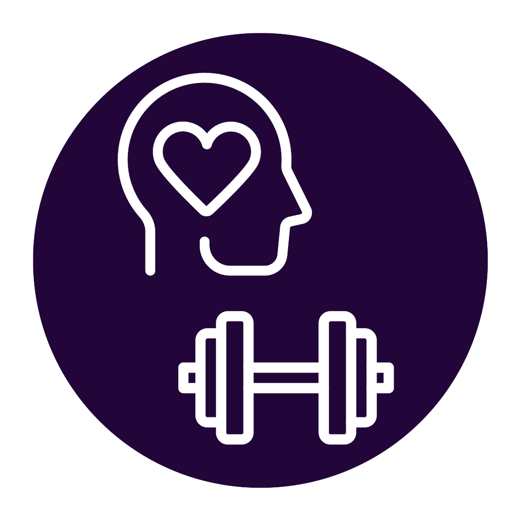 Icon für Gesundheit & Wohlbefinden Visueller Aufbau: •	Kreisförmiges Icon mit dunkelviolettem Hintergrund •	Weiße Liniengrafik im minimalistischen Stil Symbolelemente: •	Ein seitliches Profil eines Kopfes mit einem stilisierten Herz zentral in der Mitte •	Darunter ist ein Symbol für eine Hantel Bedeutung der Symbolik: Wir fördern die allgemeine Gesundheit, körperliches und mentales Wohlbefinden Designsprache: •	Reduzierte, professionelle Liniengraphik •	Einheitliche Strichstärke •	Hoher Kontrast (weiß auf aubergine) •	Teil einer zusammenhängenden Icon-Serie für Mitarbeiter-Benefits