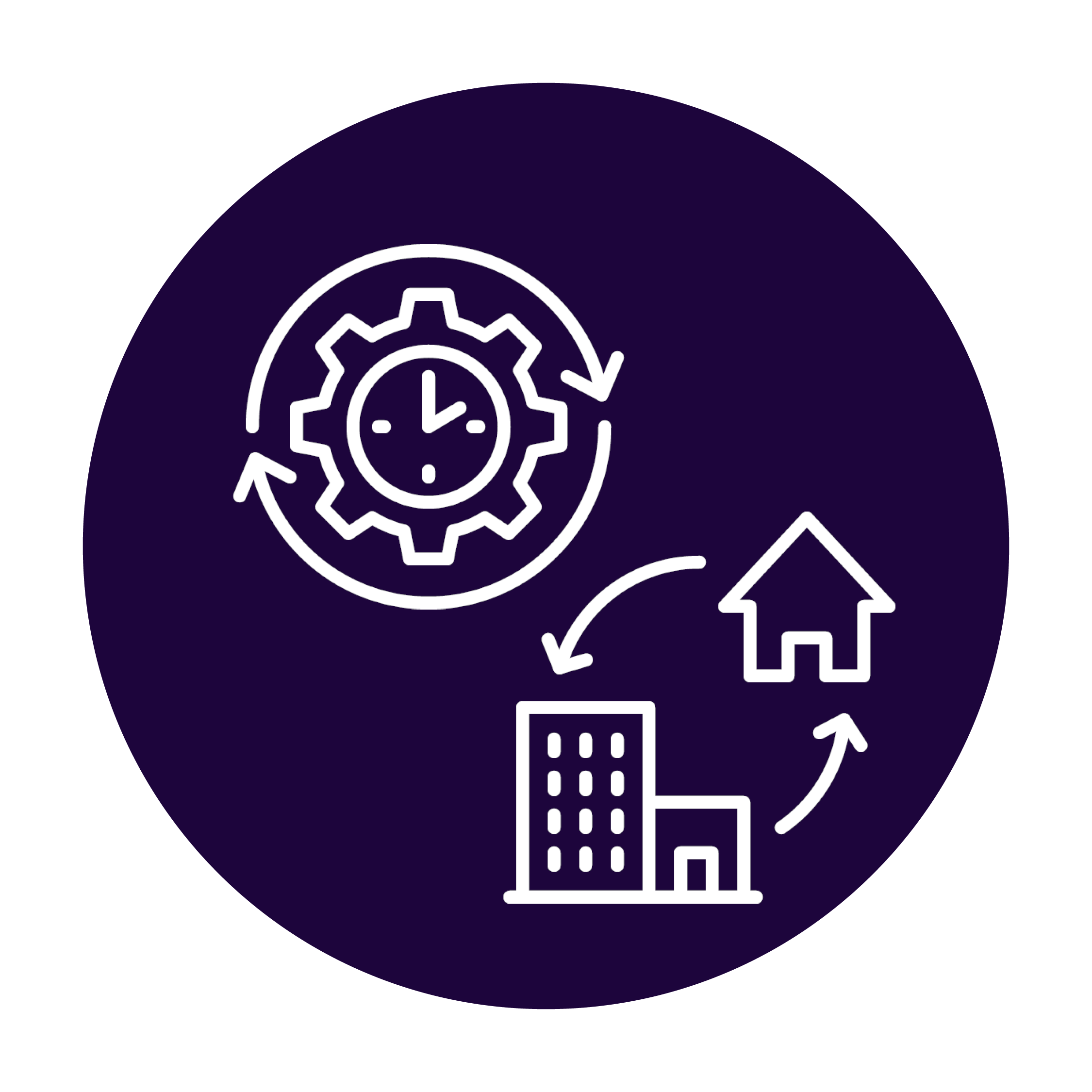 IIcon für flexible Arbeitszeit und mobiles Arbeiten Visueller Aufbau: •	Kreisförmiges Icon mit dunkelviolettem Hintergrund •	Weiße Liniengrafik im minimalistischen Stil Symbolelemente: •	Uhren-Symbol: Stilisierte Uhr mit Zahnrad-Elementen, symbolisiert flexible Arbeitszeiten und zeitliche Anpassungsfähigkeit •	Gebäude-Icon: Einfache Darstellung eines Bürogebäudes mit Fenstern •	Haus-Symbol: Kleines Wohnsymbol, repräsentiert das Homeoffice •	Verbindende Linie: Pfeil oder Verbindungslinie zwischen Büro und Zuhause Bedeutung der Symbolik: Das Icon visualisiert die Flexibilität zwischen verschiedenen Arbeitsorten (Büro und Homeoffice) sowie die zeitliche Flexibilität durch das Uhren-Zahnrad-Element. Die Kombination verdeutlicht die modernen Arbeitsmodelle mit örtlicher und zeitlicher Flexibilität. Designsprache: •	Reduzierte, professionelle Liniengraphik •	Einheitliche Strichstärke •	Hoher Kontrast (weiß auf dunkelviolett) •	Teil einer zusammenhängenden Icon-Serie für Mitarbeiter-Benefits