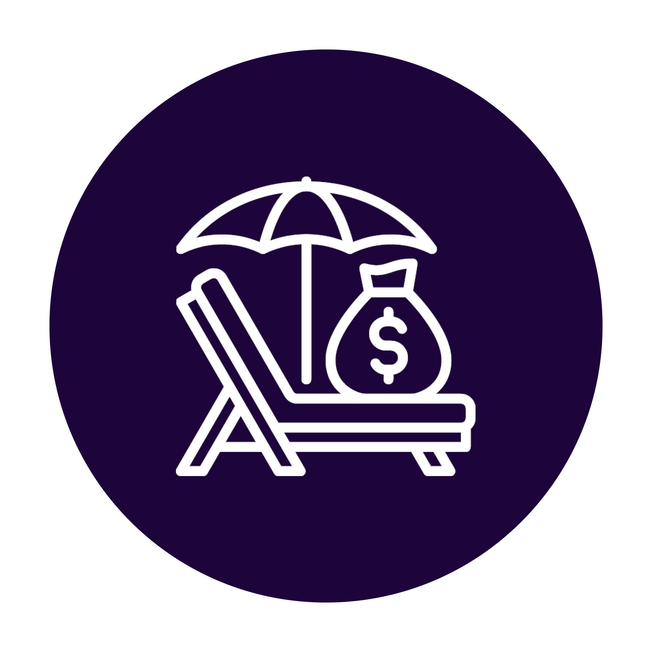 Icon für 30 Tage Urlaub & Überstundenausgleich Visueller Aufbau: •	Kreisförmiges Icon mit dunkelviolettem Hintergrund •	Weiße Liniengrafik im minimalistischen Stil Symbolelemente: Eine Strandliege mit aufgespannten Sonnenschirm darüber und auf der Liege ist ein Geldsack mit Dollarzeichen abgebildet  Bedeutung der Symbolik: Designsprache: •	Reduzierte, professionelle Liniengraphik •	Einheitliche Strichstärke •	Hoher Kontrast (weiß auf aubergine) •	Teil einer zusammenhängenden Icon-Serie für Mitarbeiter-Benefits