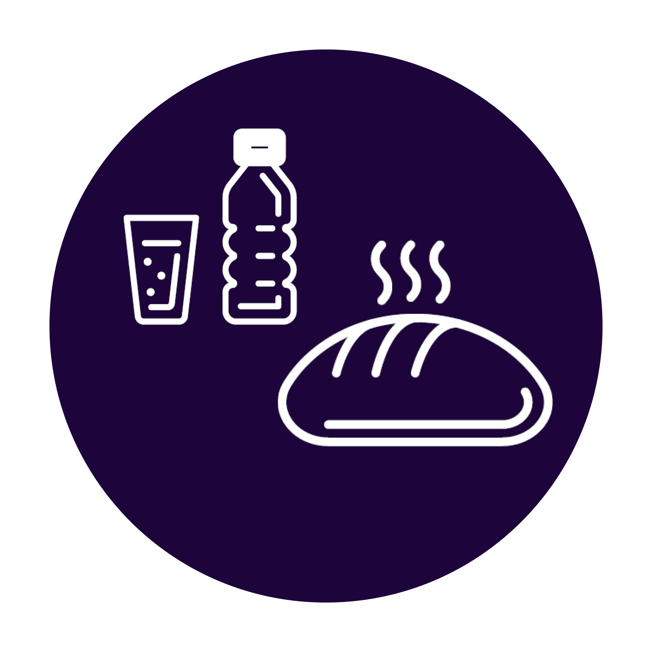 Icon für gratis Getränke im Werk und Backwaren für zu Hause Visueller Aufbau: •	Kreisförmiges Icon mit dunkelviolettem Hintergrund •	Weiße Liniengrafik im minimalistischen Stil Symbolelemente:  •	Ein stilisierter Brotlaib mit wellenförmigen Linien, die Dampfschwaden für frische, warme Backwaren symbolisieren •	Leicht versetzt darüber ist ein Glas gefüllt mit einer Flüssigkeit und einer verschlossenen Getränkeflasche Bedeutung der Symbolik: Verpflegung, Wertschätzung und Nachhaltigkeit (Lebensmittelrettung) Designsprache: •	Reduzierte, professionelle Liniengraphik •	Einheitliche Strichstärke •	Hoher Kontrast (weiß auf aubergine) •	Teil einer zusammenhängenden Icon-Serie für Mitarbeiter-Benefits