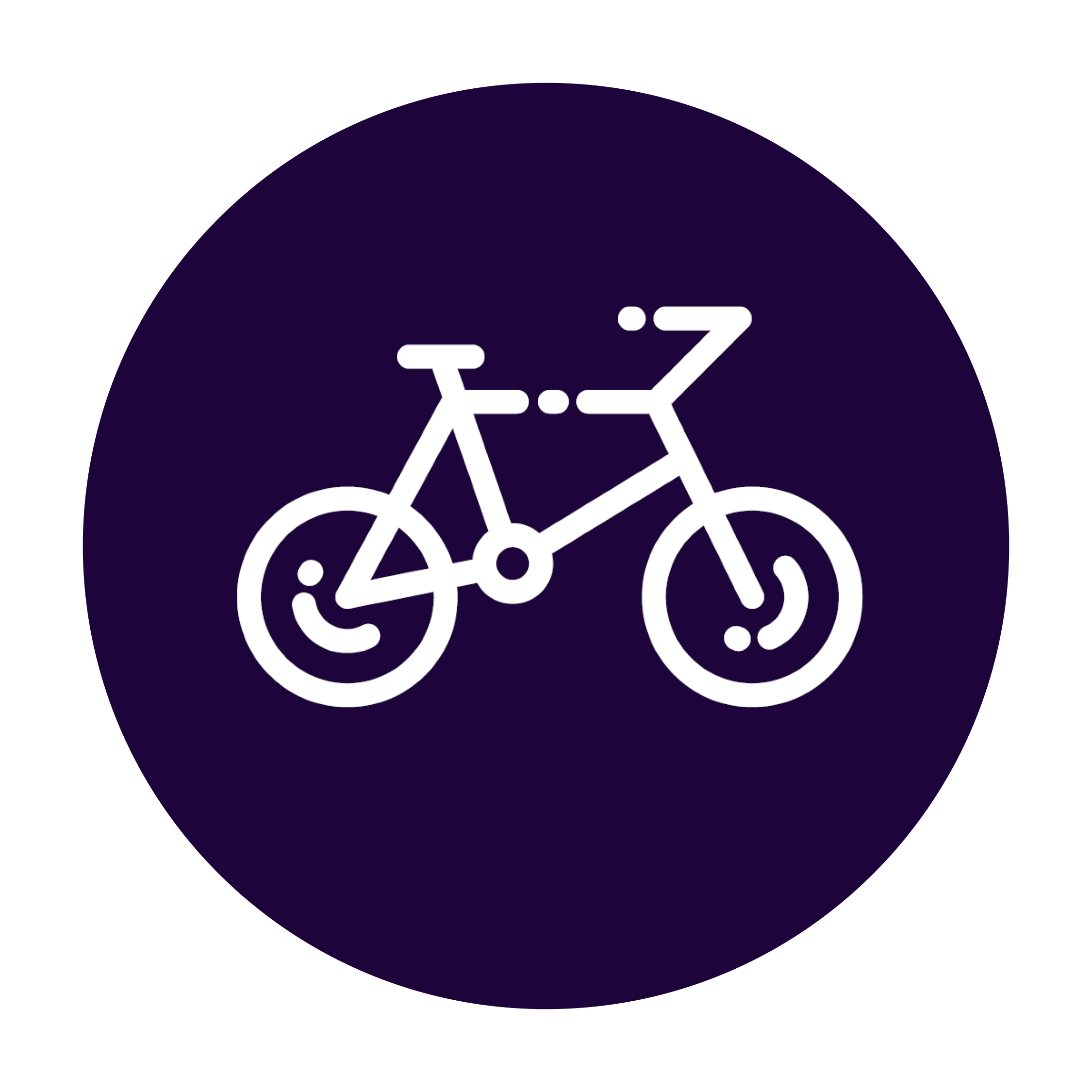 Icon für JobRad Visueller Aufbau: •	Kreisförmiges Icon mit dunkelviolettem Hintergrund •	Weiße Liniengrafik im minimalistischen Stil Symbolelemente: Fahrrad oder E-Bike, Bewegungslinien Bedeutung der Symbolik: Nachhaltige Mobilität, Gesundheitsförderung und umweltbewusste Fortbewegung Designsprache: •	Reduzierte, professionelle Liniengraphik •	Einheitliche Strichstärke •	Hoher Kontrast (weiß auf aubergine) •	Teil einer zusammenhängenden Icon-Serie für Mitarbeiter-Benefits