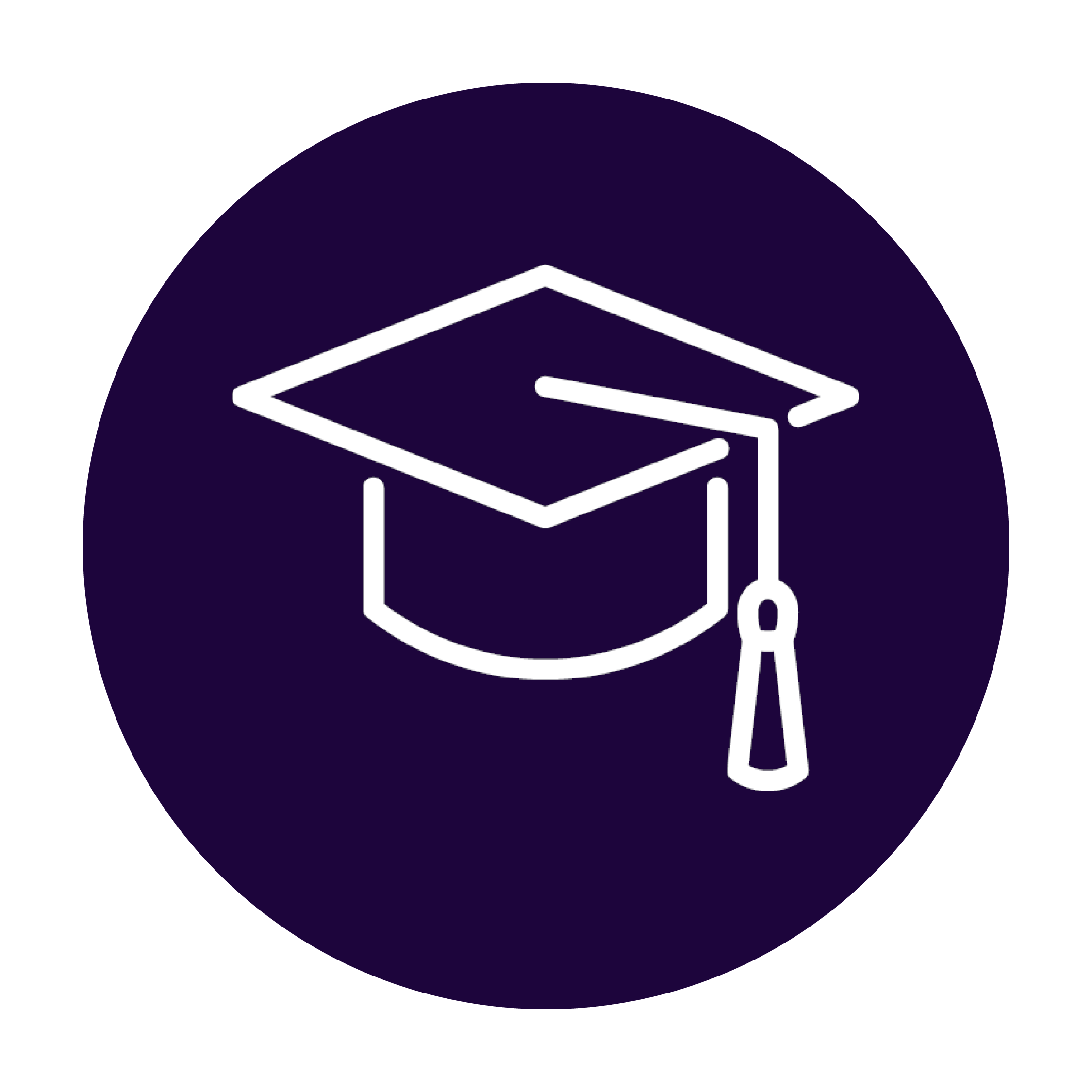 Icon für Weiterbildungsmöglichkeiten Visueller Aufbau: •	Kreisförmiges Icon mit dunkelviolettem Hintergrund •	Weiße Liniengrafik im minimalistischen Stil Symbolelemente: •	Hier ist zentral eine Abschlusskappe wie sie in Amerika typisch sind abgebildet Bedeutung der Symbolik: Persönliche Entwicklung, Wissenserweiterung und Karriereförderung Designsprache: •	Reduzierte, professionelle Liniengraphik •	Einheitliche Strichstärke •	Hoher Kontrast (weiß auf aubergine) •	Teil einer zusammenhängenden Icon-Serie für Mitarbeiter-Benefits